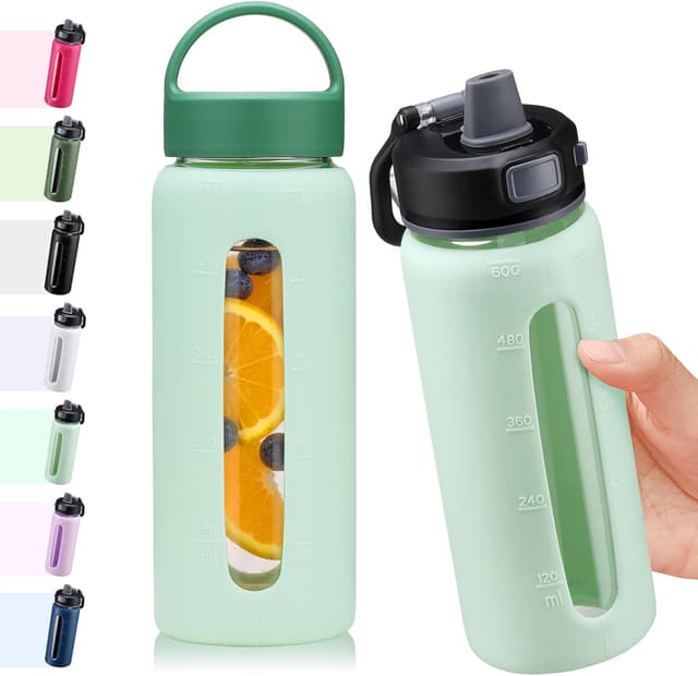 Detalle de BLUEGO Glas-Wasserflasche 600 ml mit 2 Deckeln & Zeit-Skala (Borosilikat, BPA-frei) – hellblau