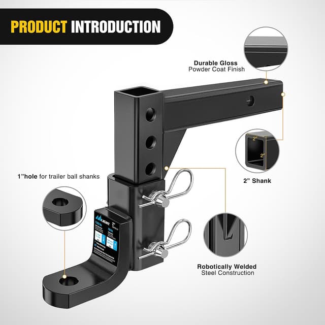 Detalle de Nilight 8-Position Adjustable Trailer Hitch Ball Mount for 2-Inch Receivers (5/8-In Pin Lock, 7,500 lbs)