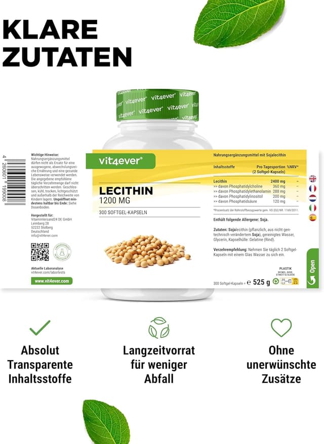 Detalle de vit4ever Lecithin 1200 mg – 300 Softgels (Sojalecithin, ohne Gentechnik)