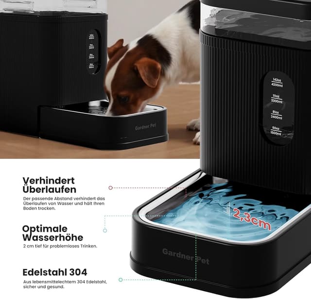 Detalle de Gardner Pet automatischer Wasserspender mit 6,5 l Schwerkraft-Futterbrunnen – ohne Strom, Edelstahl-Schüssel