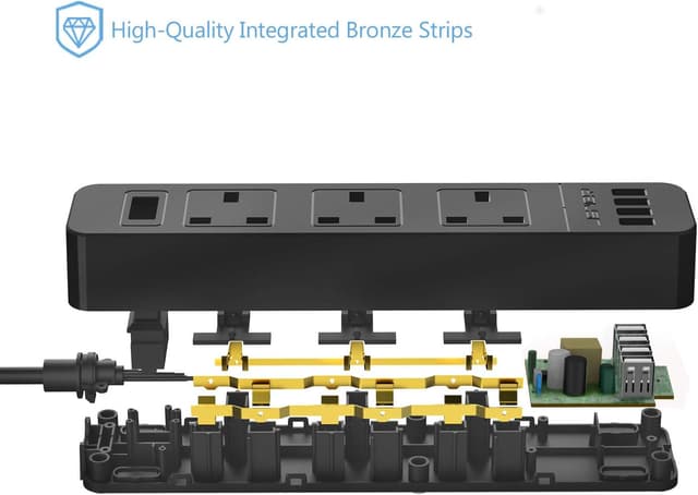 Detalle 2 de JSVER extension lead with 4 USB ports and 3 AC outlets, 200cm cable (smart charging station) — black