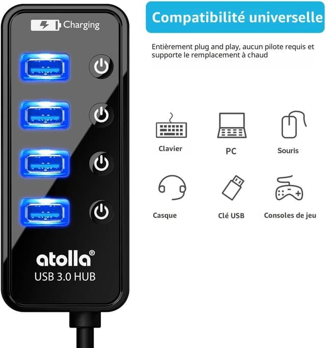 Detalle de Atolla Hub USB 3.0 alimenté à 4 ports avec interrupteurs individuels et port de chargement intelligent