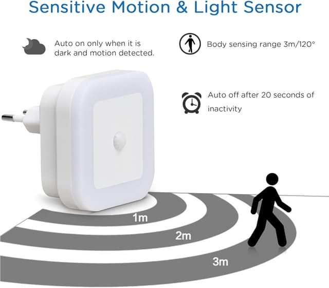 Detalle de SOAIY 2er-Set LED Nachtlicht mit Bewegungsmelder (PIR), AUTO/ON/OFF und warmweiß