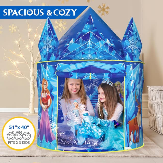 Detalle 2 de W&O Frozen Princess Tent for Girls (Ages 3-7) with Magical Sound Button, LED Lights, Crown & Wand