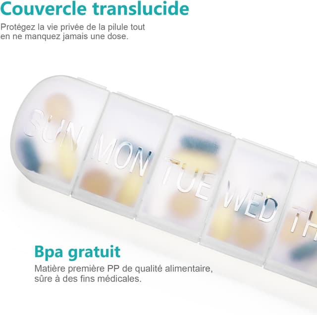 Detalle de FHORAIN pilulier hebdomadaire 7 jours avec grande boîte et étiquettes des jours gravées