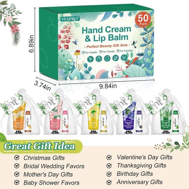 Detalle de 50 Sets Bulk Hand Cream and Bulk Lip Balm Gift Favors (Organza Bags + Thank Cards) for Easter, Mother’s Day & Weddings