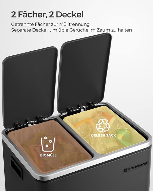 Detalle 1 de SONGMICS Mülleimer Küche 2x15 Liter, LTB30BK
