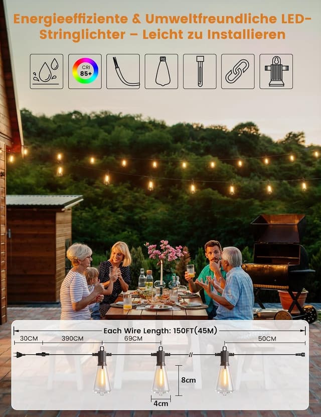 Detalle de ZOTOYI Catena Luminosa Esterno LED 45m con lampadine ST38, IP65 (60+3) per giardino e terrazzo