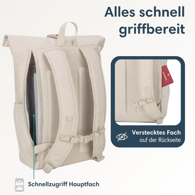 Detalle 2 de LARKSON Rolltop Rucksack Damen Groß Beige – No 2 Daypack für Schule, Uni & Fahrrad mit 16-Zoll-Laptopfach