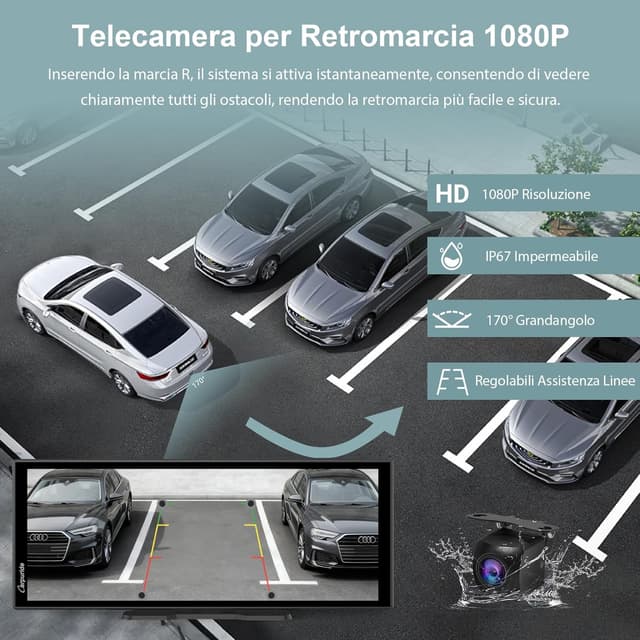 Detalle de Carpuride W125P schermo CarPlay wireless con app di streaming, 11,26" e telecamera posteriore