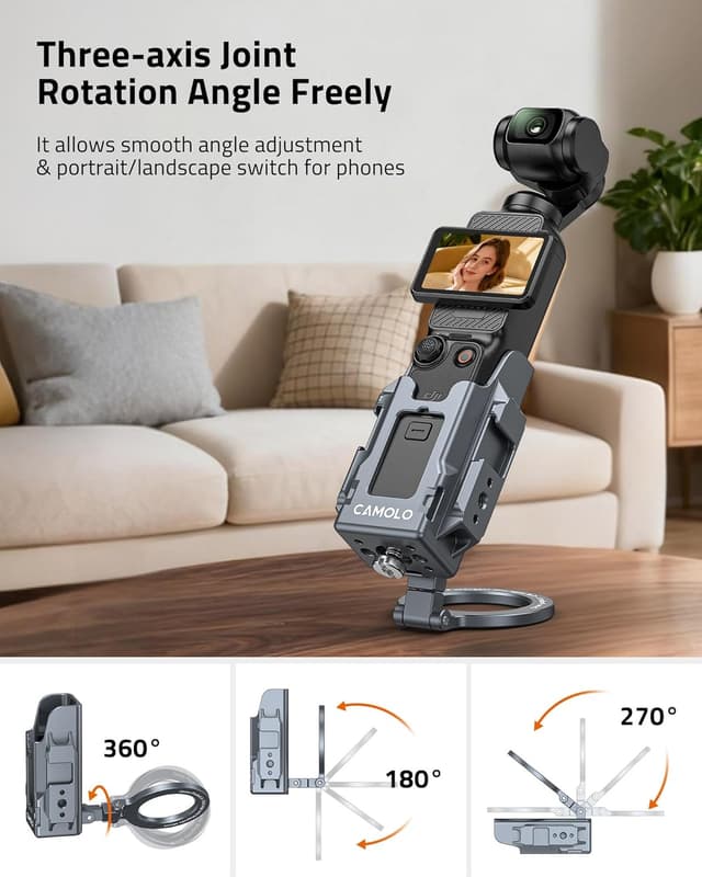 Detalle de CAMOLO magnetischer Halteständer für DJI Osmo Pocket 3 – Aluminium-Schutzkäfig mit Cold-Shoe-Halterung