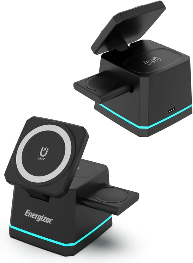 Detalle 2 de Energizer WCP307 chargeur de bureau 3-en-1 sans fil 15 W avec MagSafe, support pliable et hauteur réglable