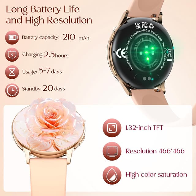 Thumbnail 2 de Montre connectée femme 1,32" ronde AMOLED avec appels Bluetooth, écran vibrant et suivi santé IP67