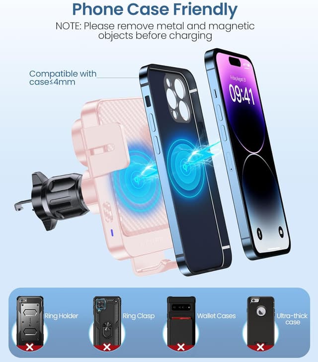 Detalle 2 de Handyhalterung Auto mit Ladefunktion (15W) – MOKPR Induktives Qi-Laden inklusive Kfz-Ladegerät, 360°-Halter (Rosa)