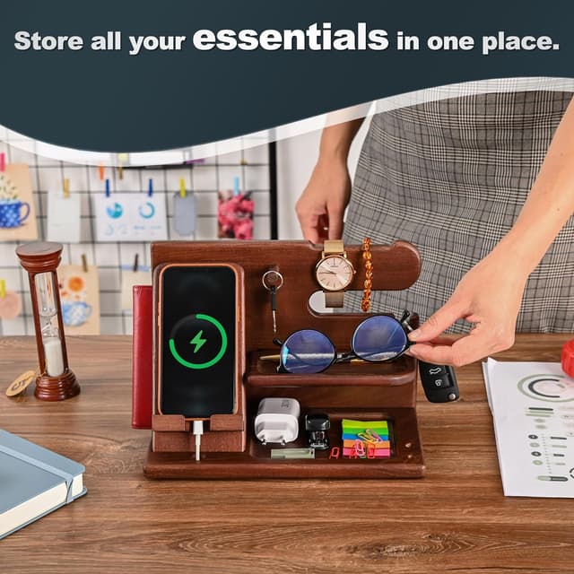 Detalle 2 de Teslyar Gifts for Men Wood Phone Docking Station – Solid Ash Nightstand Organiser with Key Holder, Wallet & Watch Stand
