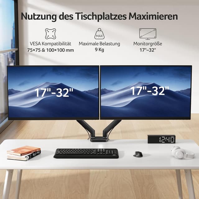 Detalle 2 de Acer Dual-Monitor Halterung für 2 Monitore (17–32 Zoll) – Gasfederarm, VESA 75/100, neig- schwenk- drehbar