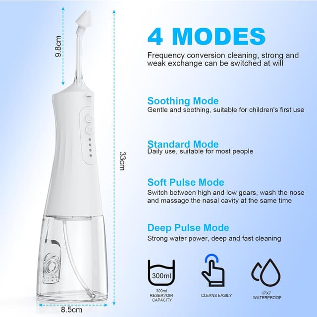 Detalle de URAQT Elektrische Nasendusche (Neti Pot) für Erwachsene & Kinder inkl. 4 Ersatzköpfe und 40 Nasenspülsalz