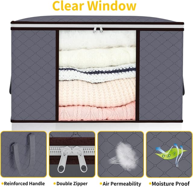 Detalle de 90L Storage Bags with Lid and Zips (3 Pack) – Foldable Fabric Organisers with Clear Window, Grey