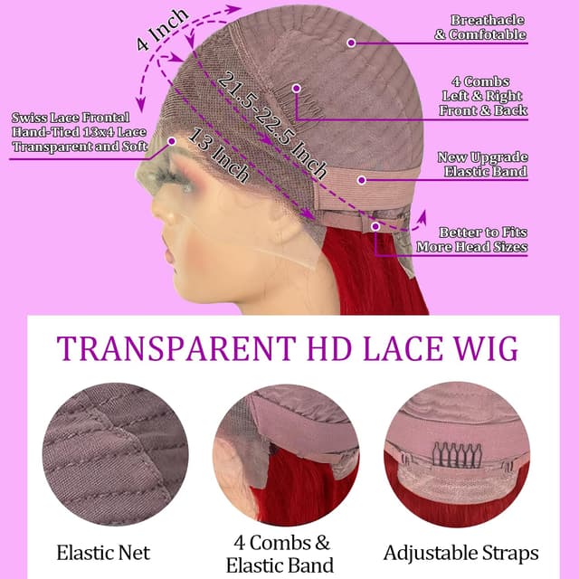 Detalle 2 de Red Burgundy Straight Lace Front Wig (13x4) | 100% Unprocessed Human Hair, Glueless Wear-and-Go