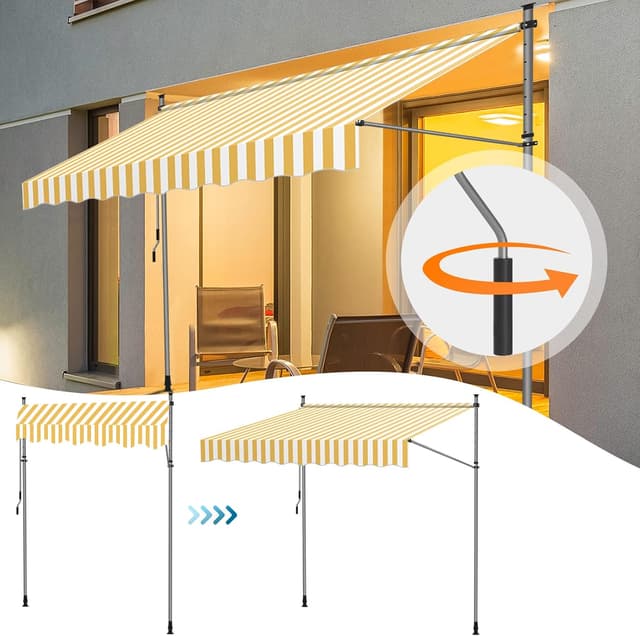 Detalle de Eulenke Klemmmarkise Balkonmarkise 400 cm mit Handkurbel – ohne Bohren, UV-beständig, wasserdicht (Gelb/Weiß)