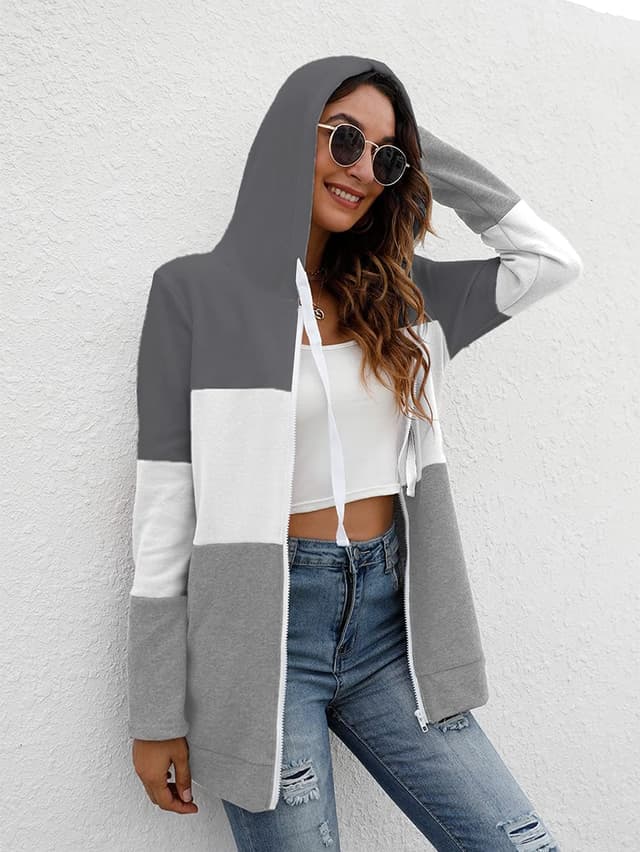 Detalle de iChunhua Ladies Zip Up Long Sleeve Hoodies with Pockets – lightweight triple colour block zip hoodie