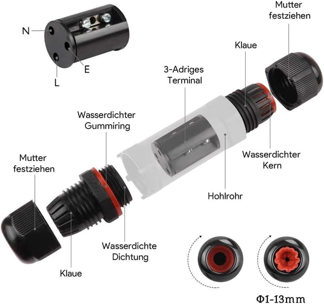 Detalle de AmzKoi Kabelverbinder IP68 3-Polig 13 mm