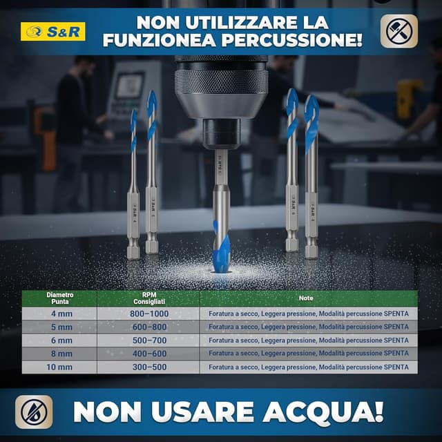 Detalle de S&R Set Punte Trapano per Ceramica Dura 5 pezzi 4/5/6/8/10 mm con codolo esagonale 1/4”