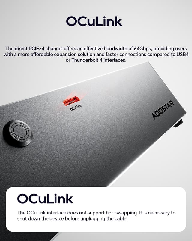 Detalle de AOOSTAR AG01 eGPU-Dockingstation mit Oculink-Anschluss und integriertem 800-W-Netzteil
