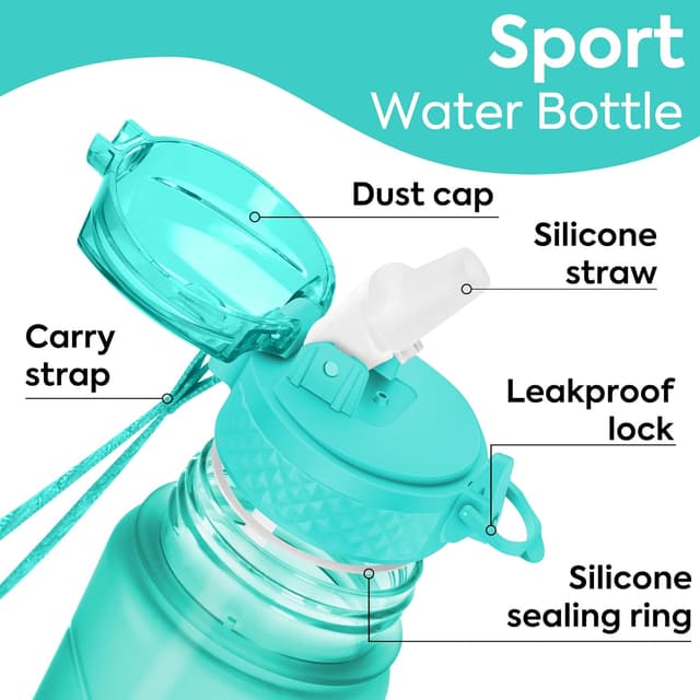 Detalle de Oldley 450ml/15oz kids water bottle with straw lid, time markings and one-touch opening (BPA-free, leakproof)