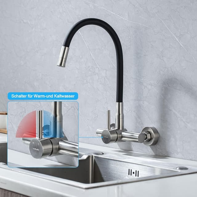 Detalle 2 de LakeBayMZC Rubinetto da cucina a montaggio a parete in acciaio inox 304, nero con 2 tipi di getto e flessibile
