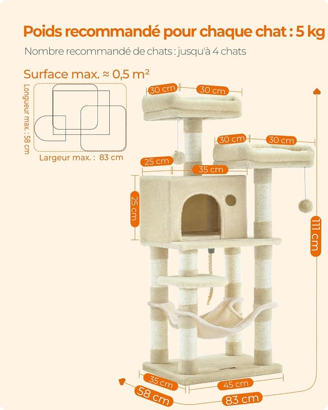 Detalle 2 de Feandrea Arbre à chat PCT215M01 (112 cm) avec 11 poteaux à griffer, hamac et 2 plateformes