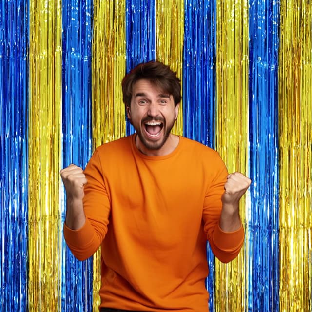 Detalle de Voircoloria 2-Pack Blue & Gold Foil Fringe Backdrop Curtains for Door Shimmer Parties