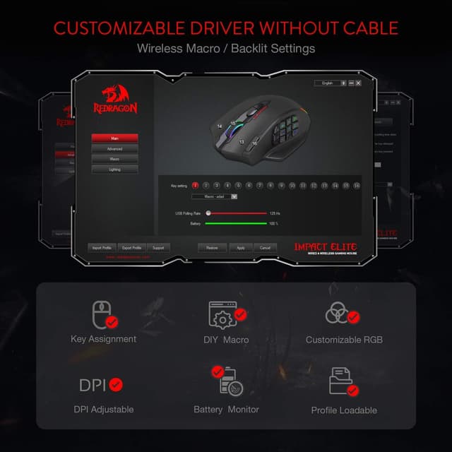 Detalle 2 de Redragon M913 Impact Elite – Mouse da gioco wireless 16.000 DPI con 20 tasti programmabili e doppia modalità 2,4 GHz/USB-C