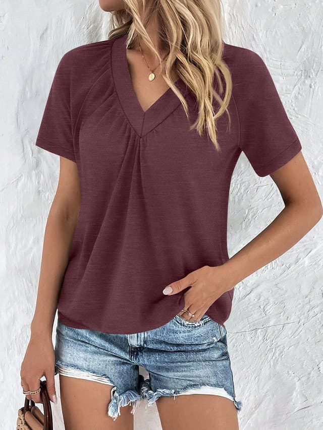 Detalle de AUTOMET Women’s Ruched V-Neck Short-Sleeve Top for Spring & Summer