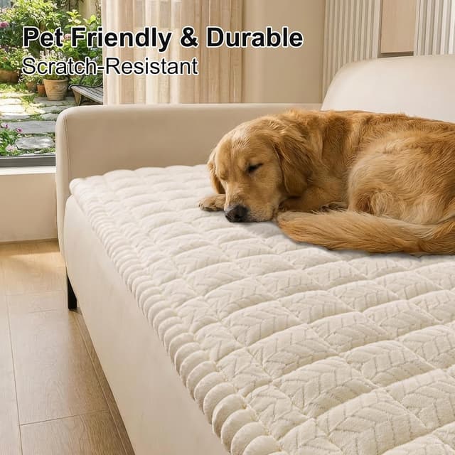 Detalle 2 de Smiry Non-Slip Fuzzy Couch Covers for Dogs (Beige) for 3-Cushion Sofas, Washable Slipcovers
