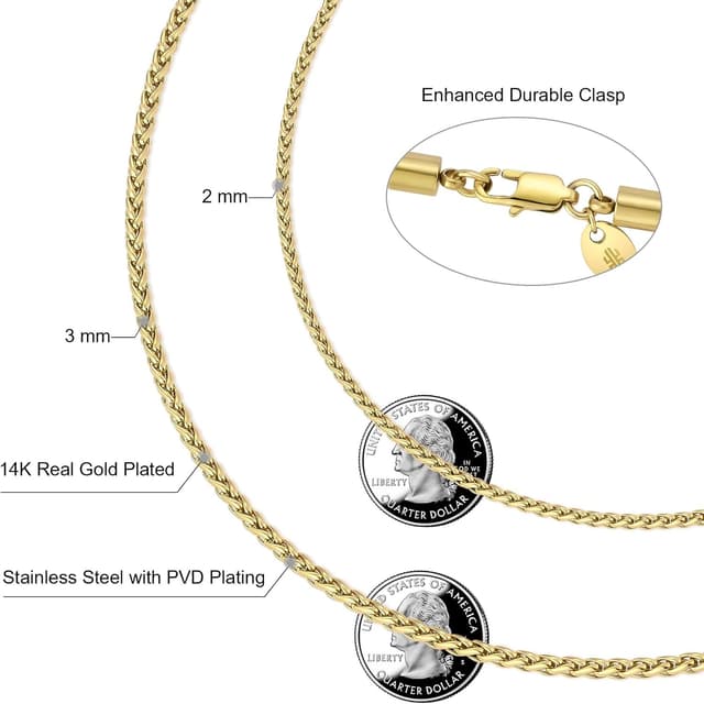 Detalle 2 de KRKC&CO Goldkette/Wheat Rope Kordelkette Herren – Edelstahl, goldbeschichtet, fein (ca. 3,0 mm) mit Karabinerverschluss