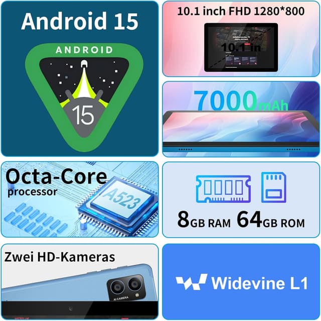 Detalle 2 de 10‑Zoll Android‑Tablet (Android 15) mit 8‑Kern, 8 GB RAM, 64 GB Speicher & Zubehörpaket