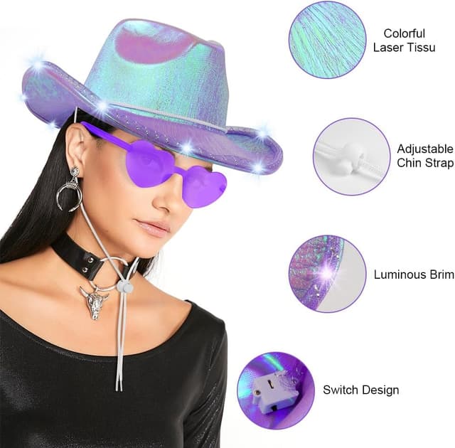 Detalle 2 de Aomig CowboyHut Set für Damen & Herren mit Westernhut, Sonnenbrille und Bandana (Fashion, Western, Party-Accessoire)