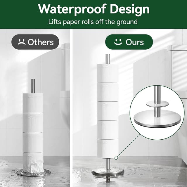 Detalle de Free-Standing Stainless Steel Toilet Roll Holder (Silver) – Storage Stand for 5–6 Rolls, Brushed Nickel Finish