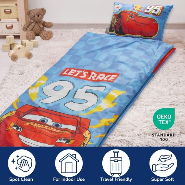 Detalle de Children’s Slumber Bag & Pillow Set – Cosy Cars theme (137 x 61 cm) for indoor sleepovers & school trips