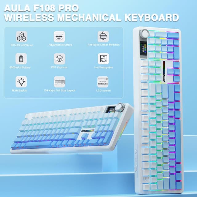 Detalle 2 de AULA F108 Pro Wireless Gaming Keyboard (Full Size) with TFT Display, Knob, RGB & Hot-Swappable Switches