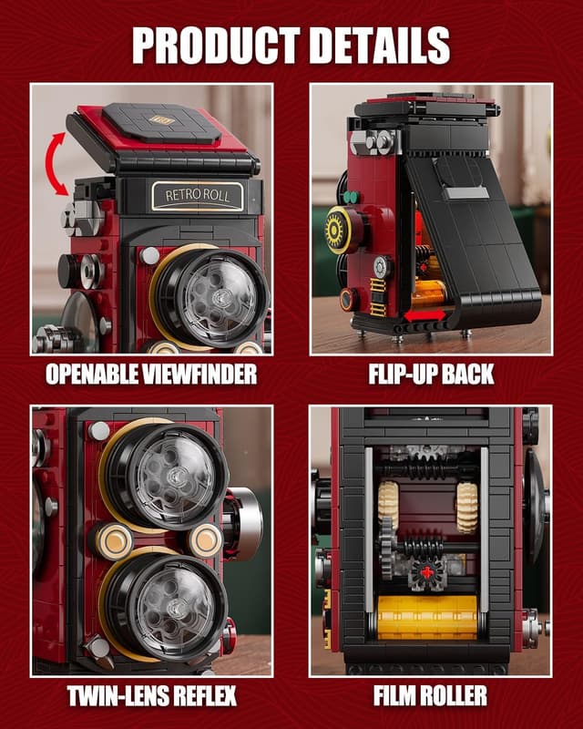 Detalle 2 de TYCOLE set di costruzioni per fotocamera retrò vintage con luci LED e design reflex a doppia lente (719 pezzi)