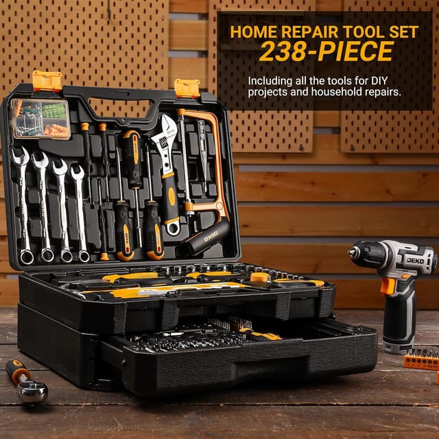 Detalle de DEKO 238-teiliges Werkzeugset im Werkzeugkoffer mit Akku-Bohrschrauber (12 V) und Schubladen-Design