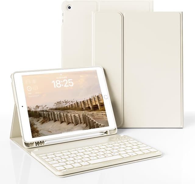 Detalle de JKSML Tastatur Hülle für iPad 10.2 Zoll Creme Weiß