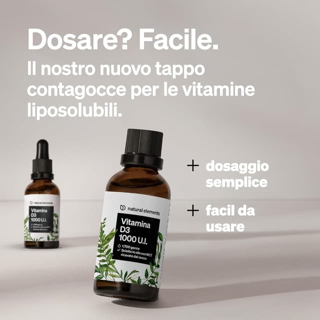 Detalle de Natural Elements Vitamina D3 1000 UI per goccia, 50 ml (1.750 gocce) in olio MCT di cocco