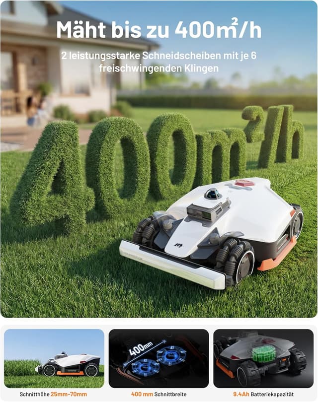 Detalle de MAMMOTION LUBA 3 AWD 1500 Mähroboter mit 360° LiDAR, KI und Mähwerk-Waschstand (AWD bis 80% Steigung)
