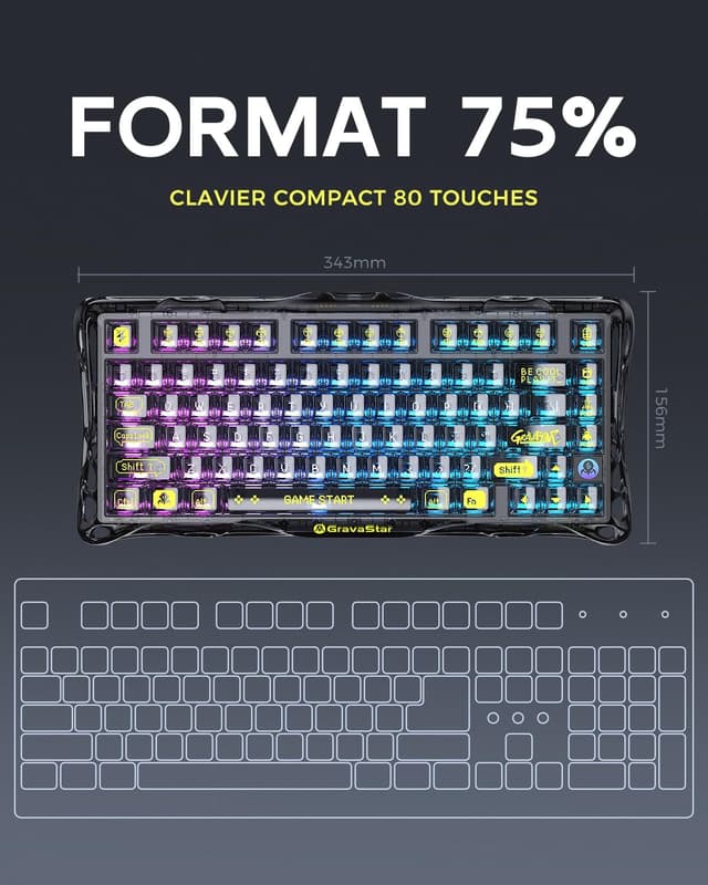 Detalle 2 de GravaStar Mercury K1 Lite clavier mécanique 75% RGB rétroéclairé (BT 5.0, 2,4G, Type-C) QWERTY noir transparent
