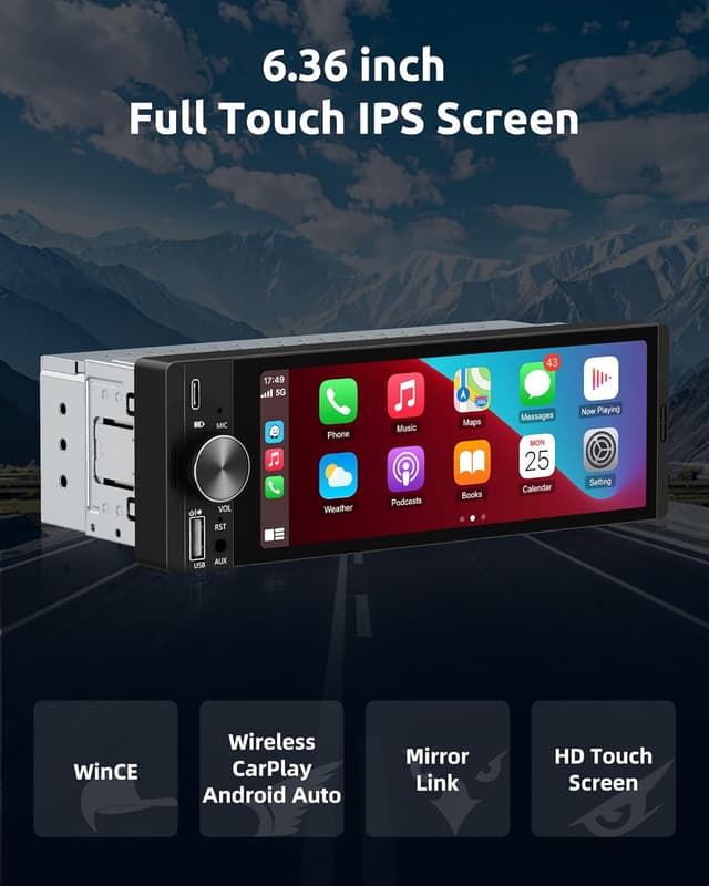 Detalle 2 de ESSGOO Single-DIN car stereo with wireless CarPlay/Android Auto, 6.36-inch HD touchscreen and reverse camera input