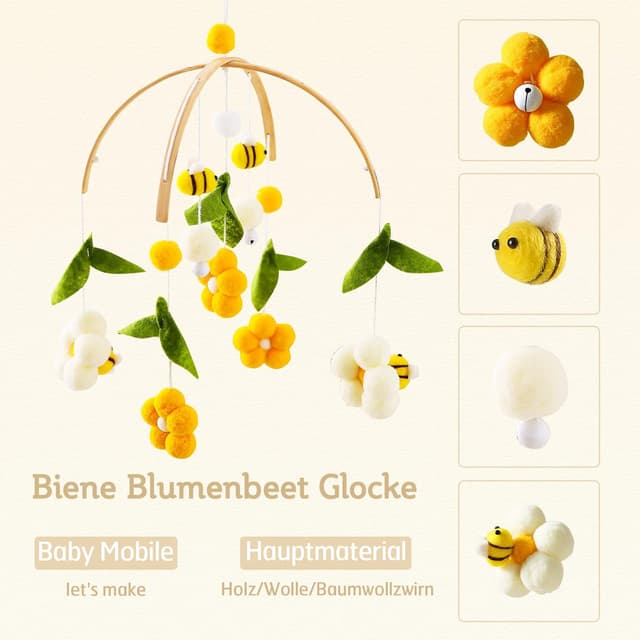 Detalle 2 de let's make Mobile Baby Holz + Wollknäuel: Windspiel & Rassel für den Wickeltisch / Kinderzimmer (Biene)