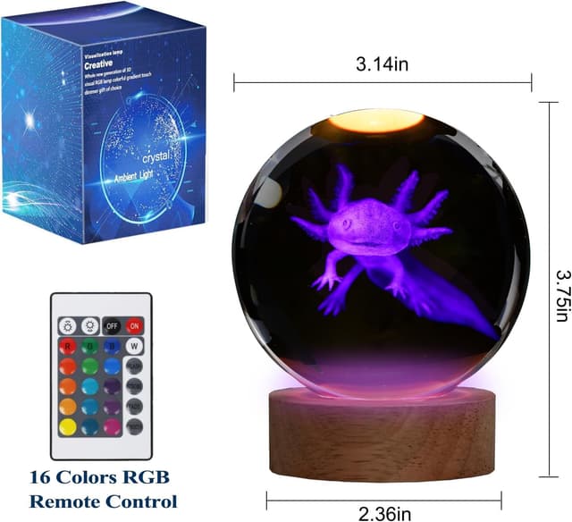 Thumbnail 6 de Axolotl Nachtlicht 3D K9 Crystal Lampe mit Fernbedienung 16 Farben